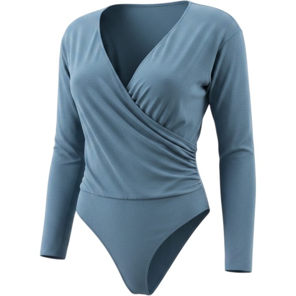 Banana Republic Tops - NWT Banana Republic Blue-Grey Wrap Bodysuit Draped Long Sleeve Medium